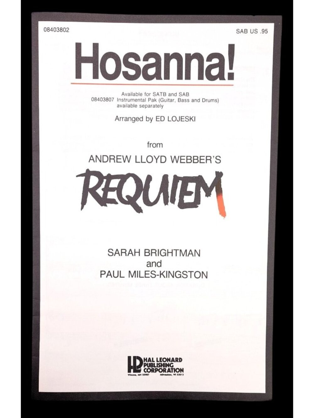 Vintage Hosanna Sheet Music Andrew Lloyd Webber Requiem Brightman Domingo 1985